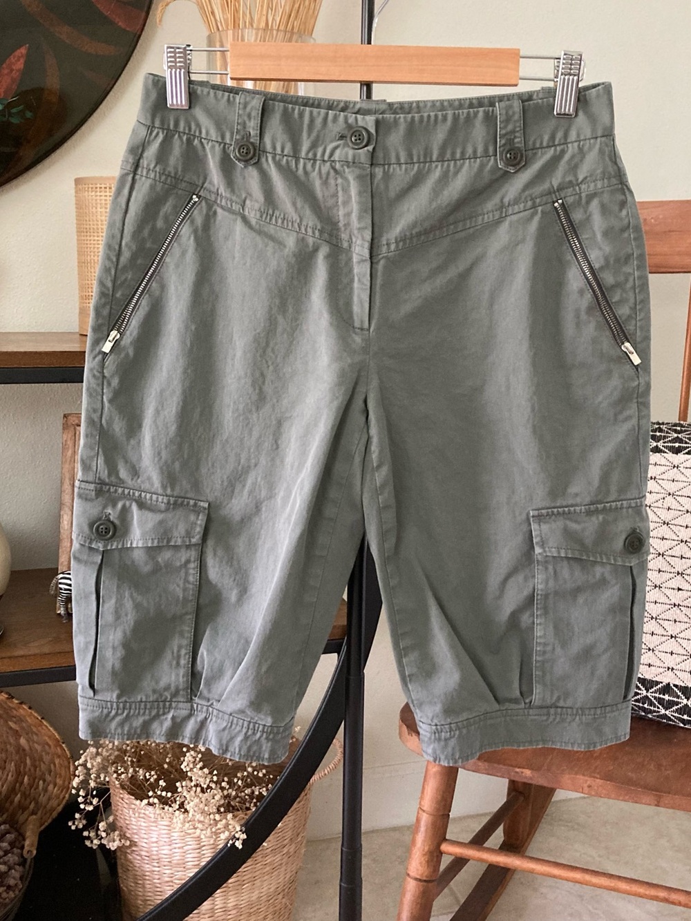 Theory Olive Green Cargo Bermuda Shorts with Zip Pockets